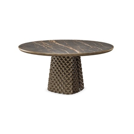 TAVOLO ATRIUM KERAMIK PREMIUM ROUND 160X73,5H BASE CRISTALLO SPECCHIATO COUTURE BRONZO - PROFILO BRUSHED BRONZE