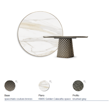 TAVOLO ATRIUM KERAMIK PREMIUM ROUND 160X73,5H BASE CRISTALLO SPECCHIATO COUTURE BRONZO - PROFILO BRUSHED GREY
