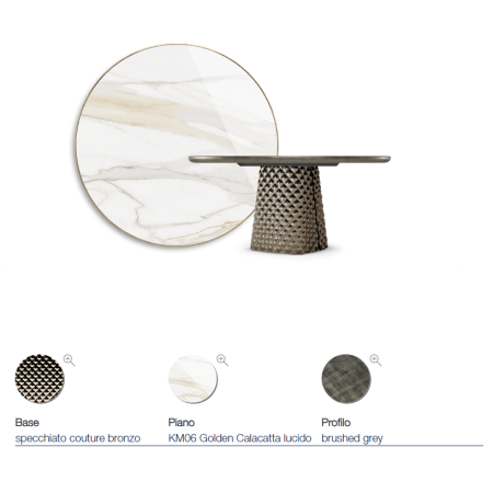 TAVOLO ATRIUM KERAMIK PREMIUM ROUND 160X73,5H BASE CRISTALLO SPECCHIATO COUTURE BRONZO - PROFILO BRUSHED GREY