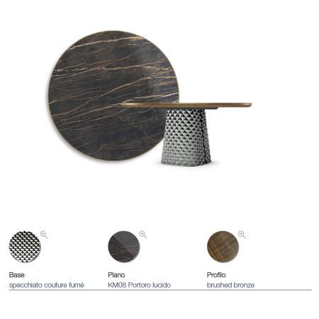TAVOLO ATRIUM KERAMIK PREMIUM ROUND 160X73,5H BASE CRISTALLO SPECCHIATO COUTURE FUMÈ - PROFILO BRUSHED BRONZE