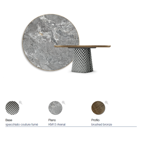 TAVOLO ATRIUM KERAMIK PREMIUM ROUND 160X73,5H BASE CRISTALLO SPECCHIATO COUTURE FUMÈ - PROFILO BRUSHED BRONZE