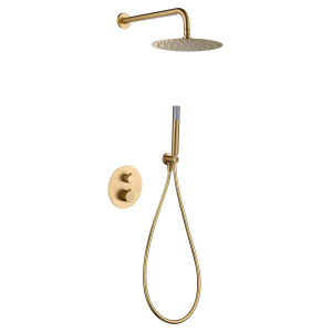 GENOVA SHOWER KIT SOFFIONE WITH 2-WAY THERMOSTATIC MIXER + BRUSHED GOLD HAND SHOWER