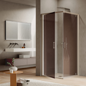 OUTLINE 2 SWING DOORS WITH ANGULAR ENTRY, SHINY SILVER POST, TRANSPARENT GLASS