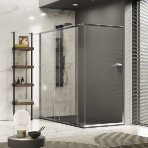 OUTLINE CORNER 1 SLIDING DOOR + 1 FIXED SIDE SHINY SILVER POST TRANSPARENT GLASS
