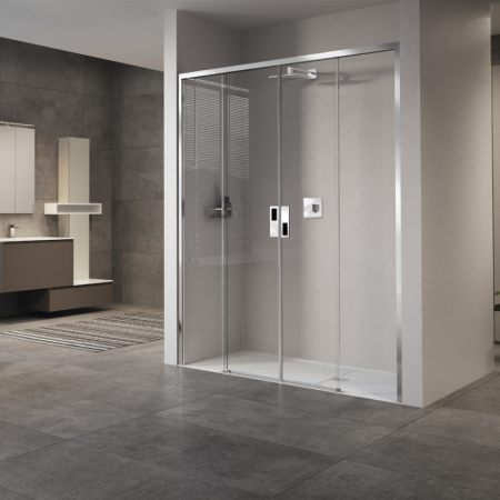 OPERA 2A NICHE 2 SLIDING DOORS WITH CENTRAL ENTRY CHROME POLISHED POST TRANSPARENT GLASS