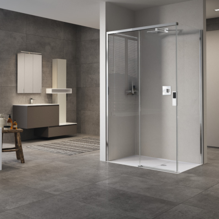 OPERA PH+FH CORNER 1 SLIDING DOOR + 1 FIXED SIDE SHINY CHROME POST TRANSPARENT GLASS