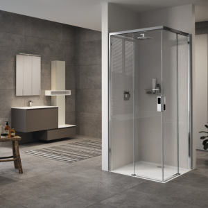 OPERA CORNER UNIT WITH 2 SLIDING DOORS, SHINY CHROME FRAME, CLEAR GLASS