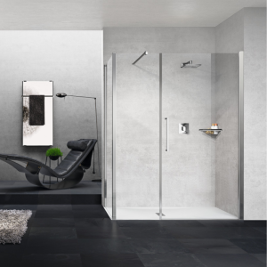 YOUNG G+F+F CORNER 1 SWING DOOR WITH FIXED IN LINE + 1 FIXED SIDE BRIGHT CHROME POST TRANSPARENT GLASS