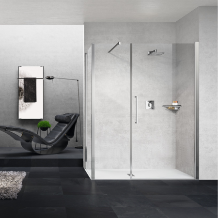 YOUNG G+F+F CORNER 1 SWING DOOR WITH FIXED IN LINE + 1 FIXED SIDE BRIGHT CHROME POST TRANSPARENT GLASS