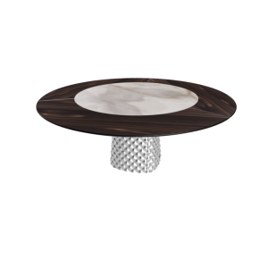 TAVOLO ATRIUM KER-WOOD ROUND BASE FUME TOP ROVERE BRUCIATO PIANO CERAMICO ALABASTRO Ø180x74,5H