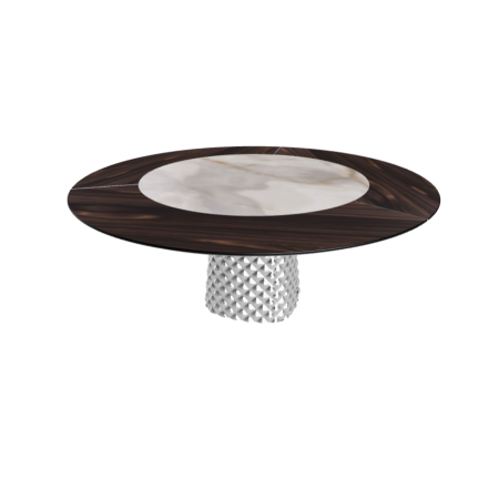 TAVOLO ATRIUM KER-WOOD ROUND BASE FUME TOP ROVERE BRUCIATO PIANO CERAMICO ALABASTRO Ø180x74,5H