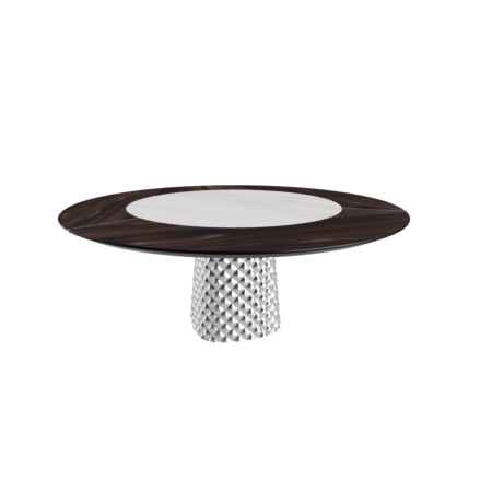 TAVOLO ATRIUM KER-WOOD ROUND BASE FUME TOP ROVERE BRUCIATO PIANO CERAMICO CALACATTA OPACO Ø180x74,5H