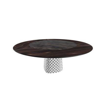 TAVOLO ATRIUM KER-WOOD ROUND BASE FUME TOP ROVERE BRUCIATO PIANO CERAMICO PORTORO OPACO Ø180x74,5H