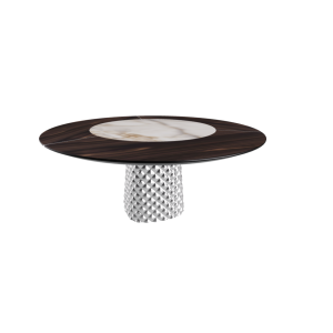 TAVOLO ATRIUM KER-WOOD ROUND BASE FUME TOP ROVERE BRUCIATO PIANO CERAMICO ALABASTRO Ø160x74,5H