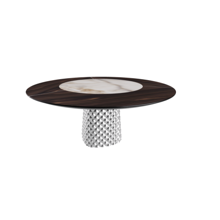 TAVOLO ATRIUM KER-WOOD ROUND BASE FUME TOP ROVERE BRUCIATO PIANO CERAMICO ALABASTRO Ø160x74,5H