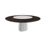 TAVOLO ATRIUM KER-WOOD ROUND BASE FUME TOP ROVERE BRUCIATO PIANO CERAMICO CALACATTA OPACO Ø160x74,5H