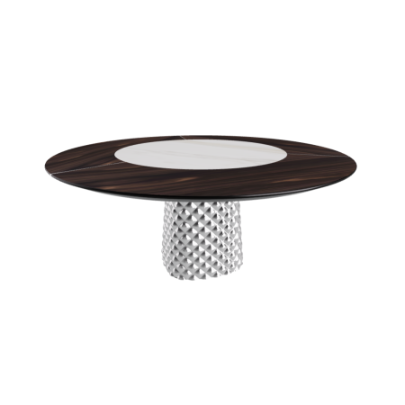 TAVOLO ATRIUM KER-WOOD ROUND BASE FUME TOP ROVERE BRUCIATO PIANO CERAMICO CALACATTA OPACO Ø160x74,5H