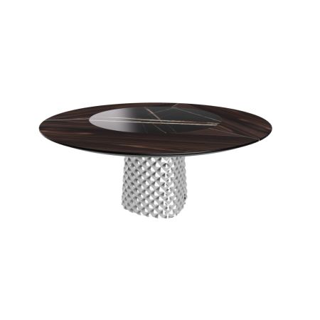 TAVOLO ATRIUM KER-WOOD ROUND BASE FUME TOP ROVERE BRUCIATO PIANO CERAMICO SAHARA NOIR LUCIDO Ø160x74,5H