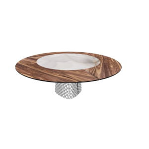 TAVOLO ATRIUM KER-WOOD ROUND BASE FUME TOP NOCE CANALETTO PIANO CERAMICO ALABASTRO Ø180x74,5H
