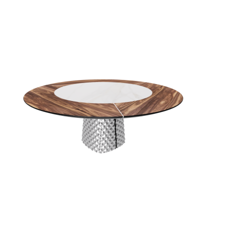 TABLE ATRIUM KER-WOOD ROUND BASE SMOKED TOP WALNUT PIANO MATT CALACATTA CERAMIC Ø180x74.5H