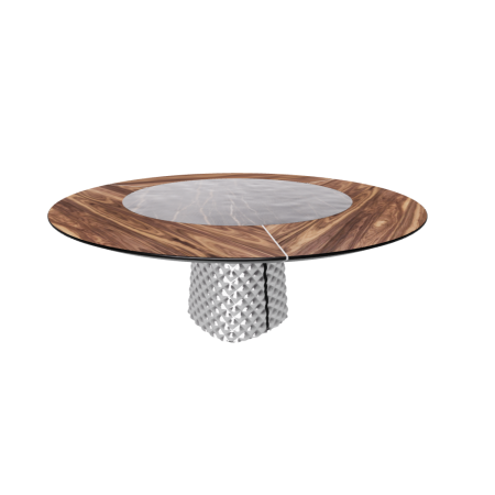 TAVOLO ATRIUM KER-WOOD ROUND BASE FUME TOP NOCE CANALETTO PIANO CERAMICO PORTORO OPACO Ø180x74,5H