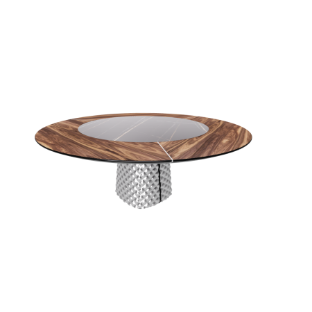 TAVOLO ATRIUM KER-WOOD ROUND BASE FUME TOP NOCE CANALETTO PIANO CERAMICO SAHARA NOIR LUCIDO Ø180x74,5H