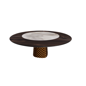 TAVOLO ATRIUM KER-WOOD ROUND BASE BRONZO TOP ROVERE BRUCIATO PIANO CERAMICO ALABASTRO Ø180x74,5H