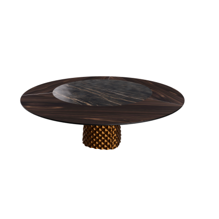 TAVOLO ATRIUM KER-WOOD ROUND BASE BRONZO TOP ROVERE BRUCIATO PIANO CERAMICO PORTORO OPACO Ø180x74,5H