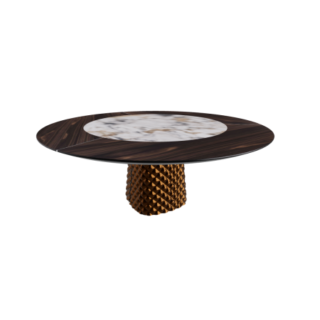 TAVOLO ATRIUM KER-WOOD ROUND BASE BRONZO TOP ROVERE BRUCIATO PIANO CERAMICO MAKALU Ø180x74,5H