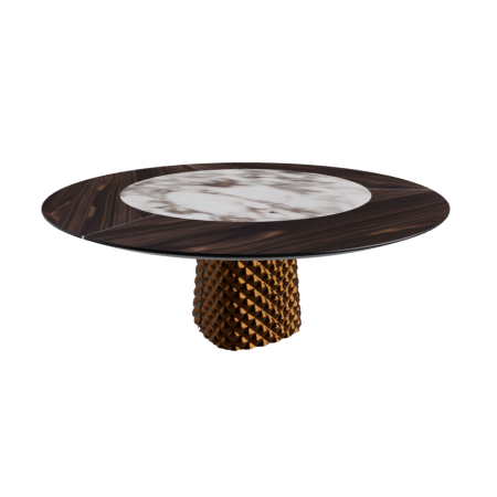 TAVOLO ATRIUM KER-WOOD ROUND BASE BRONZO TOP ROVERE BRUCIATO PIANO CERAMICO BRECCIA Ø180x74,5H