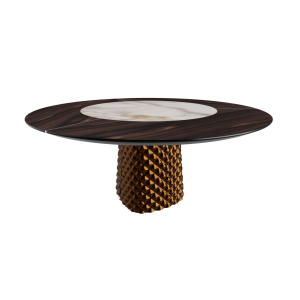 TAVOLO ATRIUM KER-WOOD ROUND BASE BRONZO TOP ROVERE BRUCIATO PIANO CERAMICO ALABASTRO Ø160x74,5H
