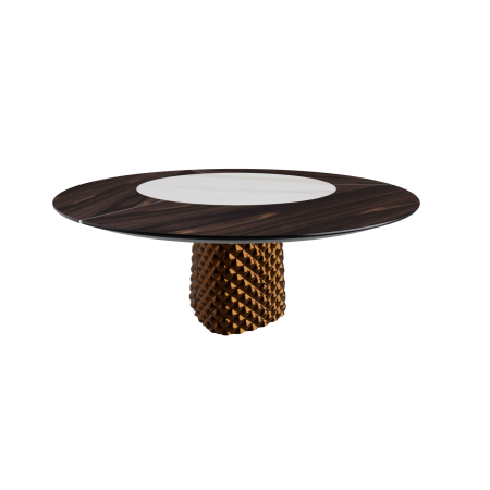 TAVOLO ATRIUM KER-WOOD ROUND BASE BRONZO TOP ROVERE BRUCIATO PIANO CERAMICO CALACATTA OPACO Ø160x74,5H