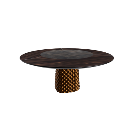 TAVOLO ATRIUM KER-WOOD ROUND BASE BRONZO TOP ROVERE BRUCIATO PIANO CERAMICO PORTORO OPACO Ø160x74,5H