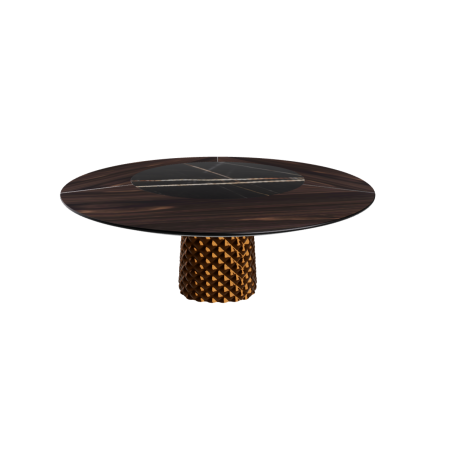 TAVOLO ATRIUM KER-WOOD ROUND BASE BRONZO TOP ROVERE BRUCIATO PIANO CERAMICO SAHARA NOIR LUCIDO Ø160x74,5H