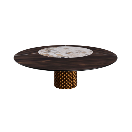 TAVOLO ATRIUM KER-WOOD ROUND BASE BRONZO TOP ROVERE BRUCIATO PIANO CERAMICO MAKALU Ø160x74,5H