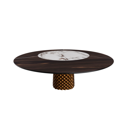 TAVOLO ATRIUM KER-WOOD ROUND BASE BRONZO TOP ROVERE BRUCIATO PIANO CERAMICO BRECCIA Ø160x74,5H