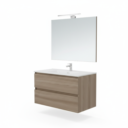 B-BEST COMPOSITION NATURAL WALNUT FINISH L. 100 CM D. 45.5 CM H. 58.5 CM - COMPLETE WITH MIRROR AND SPOTLIGHT