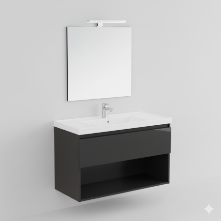 B-BEST COMPOSIZIONE FINITURA GRIGIO URANIO - L. 100 CM P. 45,5 CM H. 58,5 CM - 1 CASSETTO - COMPLETO DI SPECCHIO E FARETTO