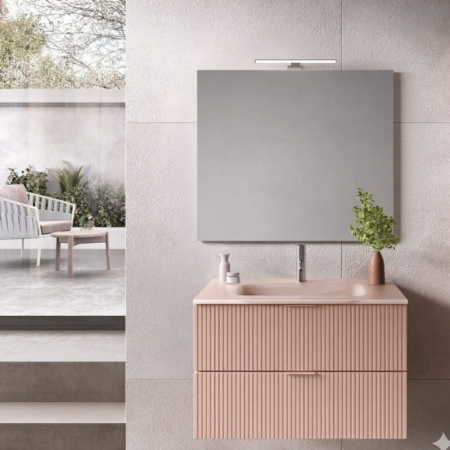 LINE 80 CM MOBILE COMPOSITION WITH WASHBASIN IN MATTE PINK SATIN GLASS WITH RECTANGULAR MIRROR