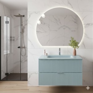 LINE COMPOSIZIONE MOBILE 100 CM CON LAVABO IN VETRO SATINATO AZZURRO OPACO C/SPECCHIO TONDO