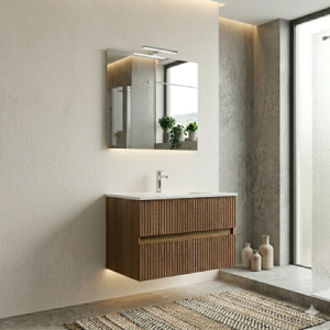 COMPOSIZIONE ESSENTIA MOBILE 2 CASSETTI 80 CM CON LAVABO CERAMICA + SPECCHIO E FARETTO ROVERE SCURO