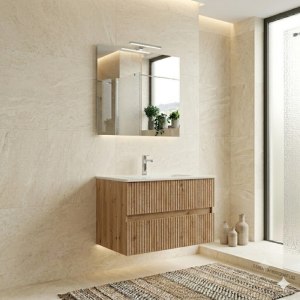 COMPOSIZIONE ESSENTIA MOBILE 2 CASSETTI 60 CM CON LAVABO CERAMICA + SPECCHIO E FARETTO ROVERE NATURALE