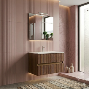 COMPOSIZIONE ESSENTIA MOBILE 2 CASSETTI 60 CM CON LAVABO CERAMICA + SPECCHIO E FARETTO ROVERE SCURO