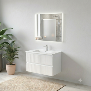 COMPOSIZIONE ESSENTIA MOBILE 2 CASSETTI CANNETTATO 80 CM CON LAVABO CERAMICA + SPECCHIO E FARETTO BIANCO OPACO