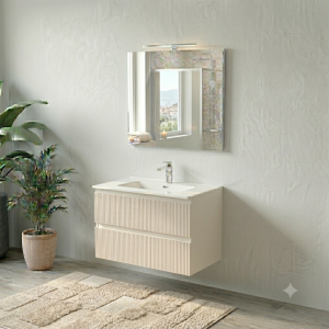 COMPOSIZIONE ESSENTIA MOBILE 2 CASSETTI CANNETTATO 80 CM CON LAVABO CERAMICA + SPECCHIO E FARETTO SABBIA OPACO