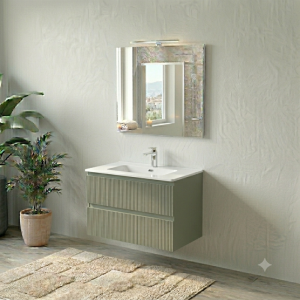 COMPOSIZIONE ESSENTIA MOBILE 2 CASSETTI CANNETTATO 80 CM CON LAVABO CERAMICA + SPECCHIO E FARETTO SALVIA OPACO