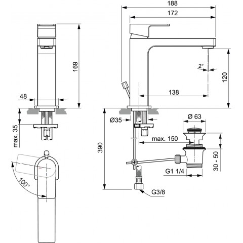 IDEAL STANDARD EDGE MISCELATORE GRANDE LAVABO H.120 MM C/SCARICO E BLUESTART