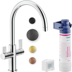 DUAL-CONTROL MIXER TAP WITH FILTRATION SYSTEM FOR KITCHEN, GUNMETAL PVD NOBILI SOURCE FILTER MIXER WITH DOUBLE CONTROL AND KITCHEN FILTERING SYSTEM GUNMETAL PVD